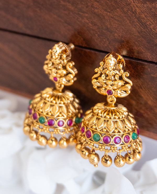 Antique Gold Lakshmi Jhumkas with Kemp Detailing