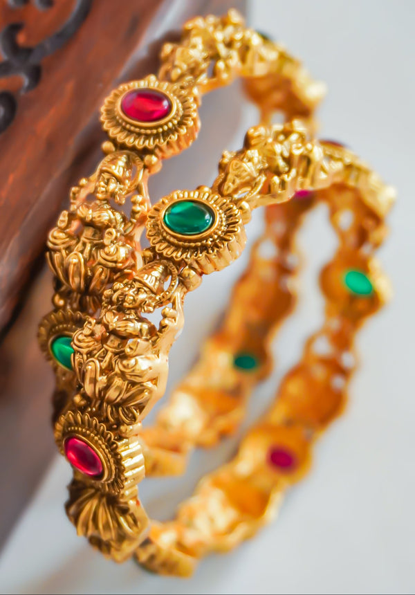 Antique Gold Lakshmi Temple Bangle with Kemp Stones