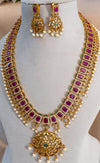 Premium brass Royal Stone Necklace Set with Pearl Drops & Statement Pendant