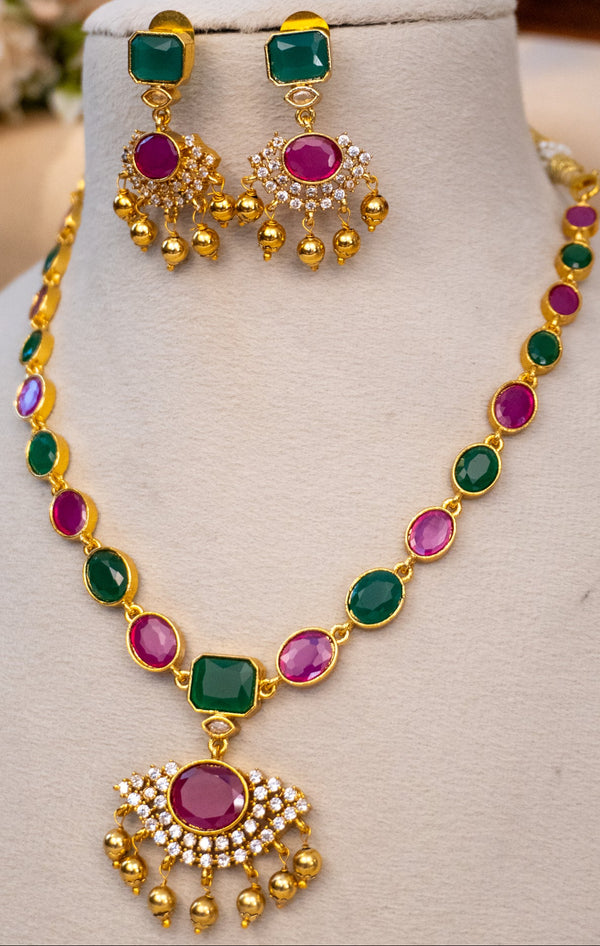 Grace Dual-Tone Stone Necklace Set with Pendant