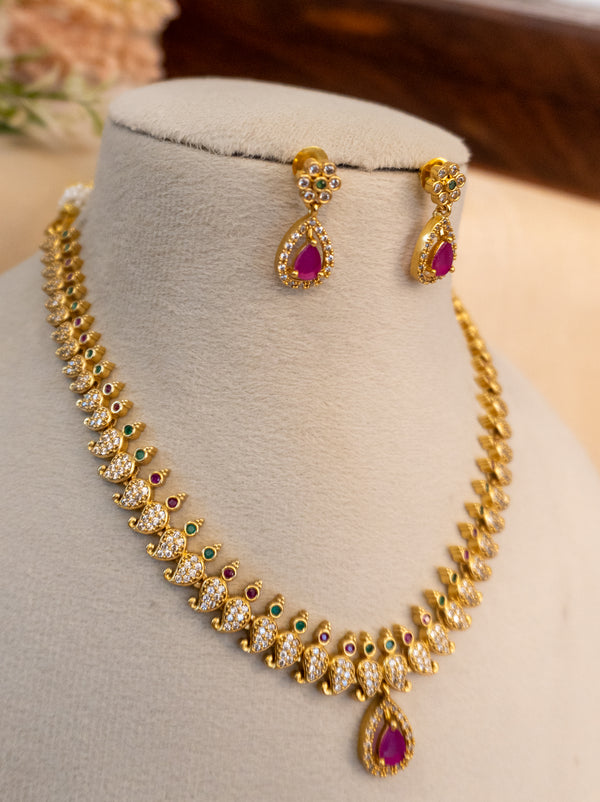 Mango Diamond Necklace Set with Ruby Drop