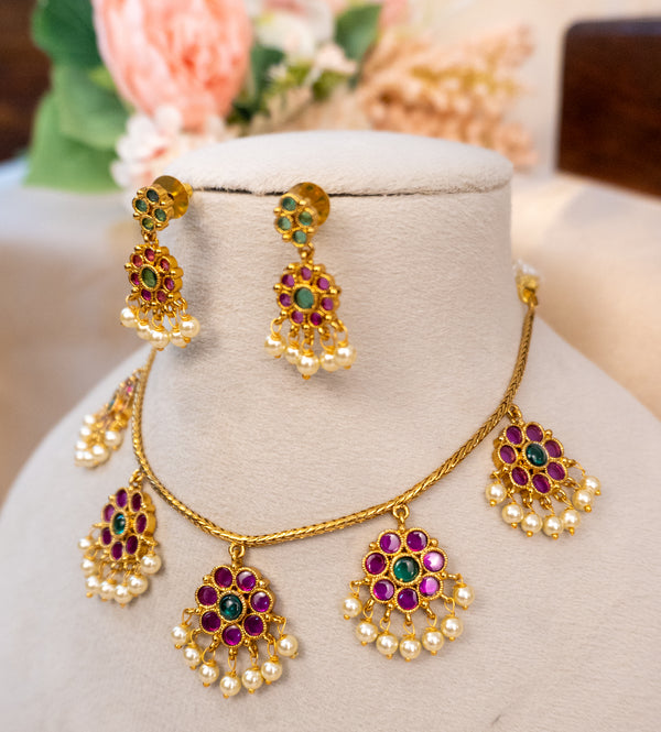 Elegant Floral Necklace Set with Ruby, Green Stones & Pearls