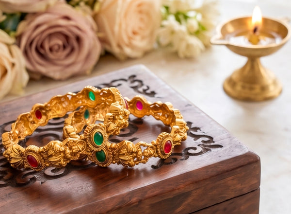 Antique Gold Lakshmi Temple Bangle with Kemp Stones