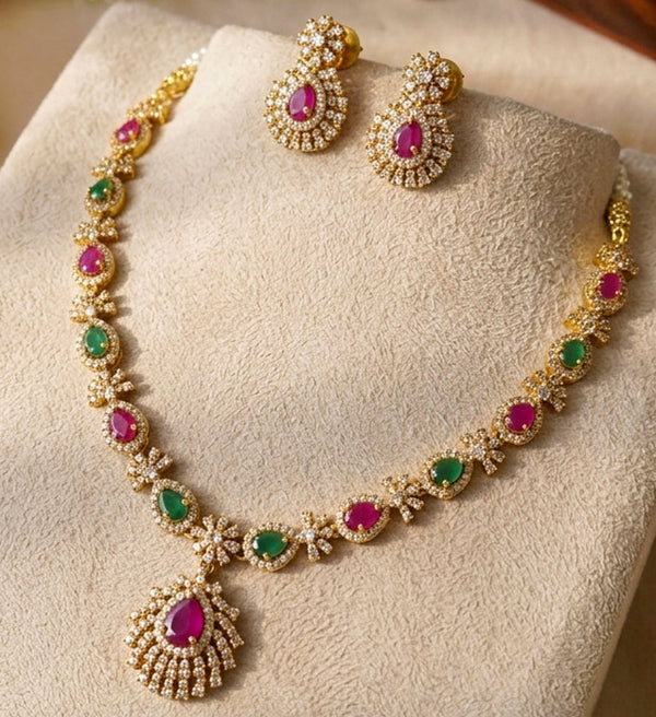 Varnika AD Radiance Necklace Set – Ruby & Emerald Elegance
