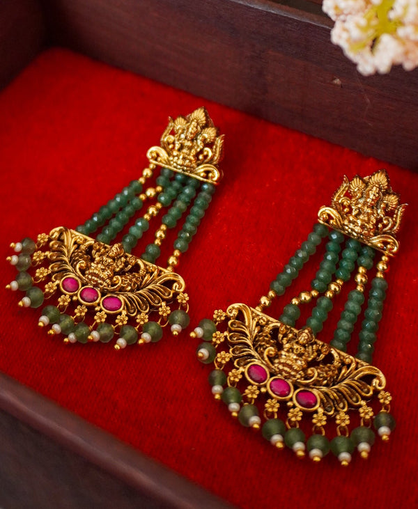 Elegant Lakshmi Temple earrings with Green and Kemp stone