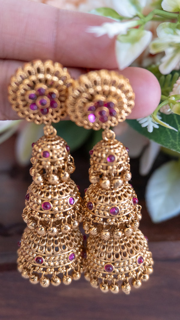Grand Layered Jhumka Earrings with Ruby Stones