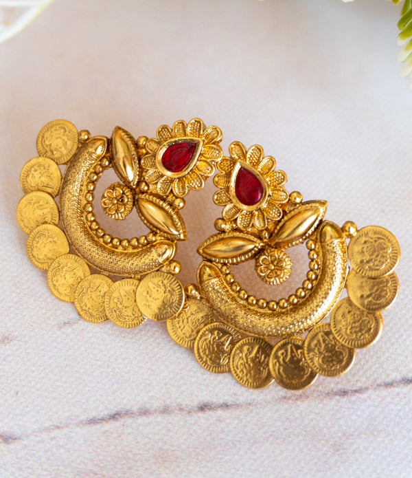Traditional Coin Drop Chandbali Earrings (Ruby/Green Options)