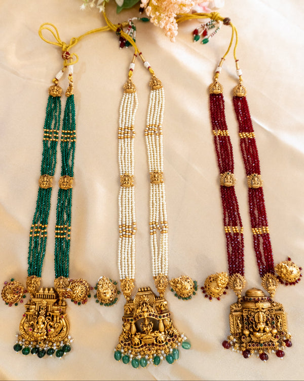 Antique Lakshmi Beaded Temple Haram (Green, Pearl & Ruby Variants)