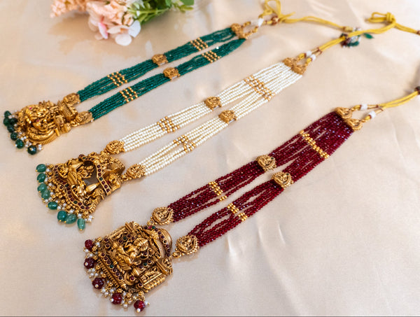 Antique Lakshmi Beaded Temple Haram (Green, Pearl & Ruby Variants)
