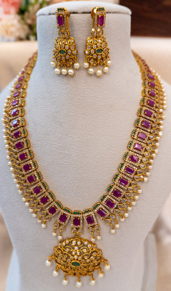 Royal Stone Necklace Set with Pearl Drops & Statement Pendant