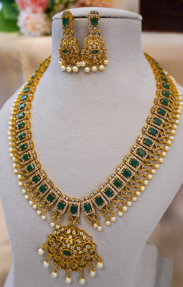 Royal Stone Necklace Set with Pearl Drops & Statement Pendant