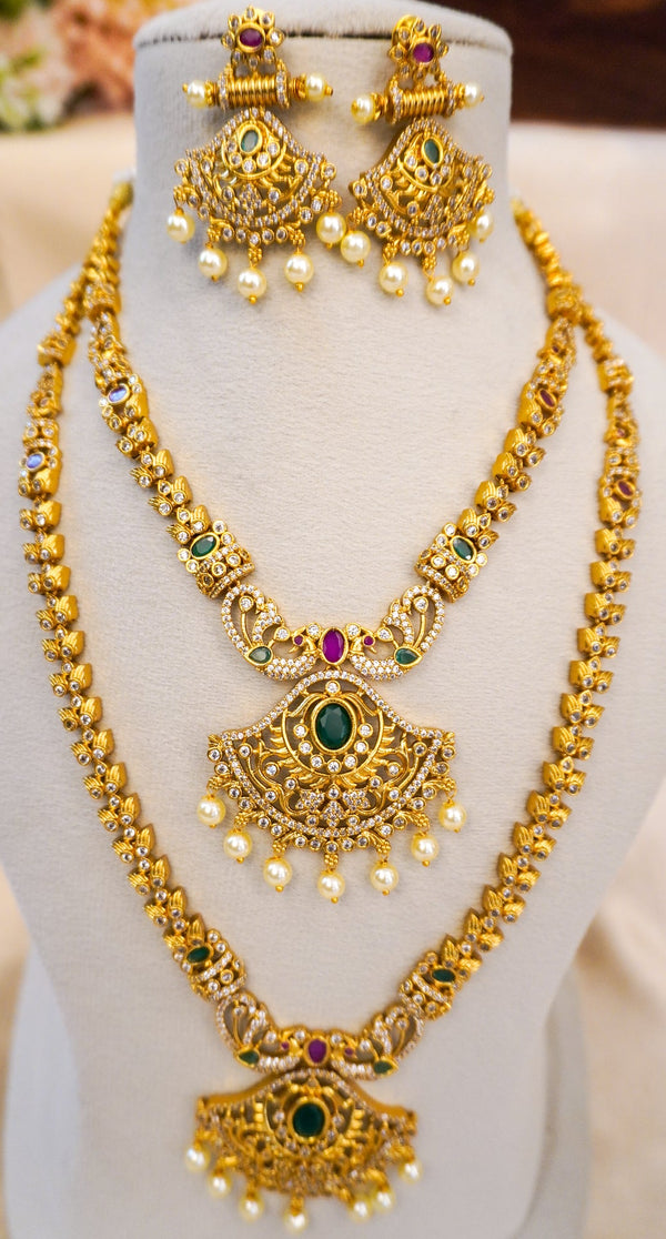 Antique Dual Layer Bridal Necklace Set with Kemp Stones & Pearls