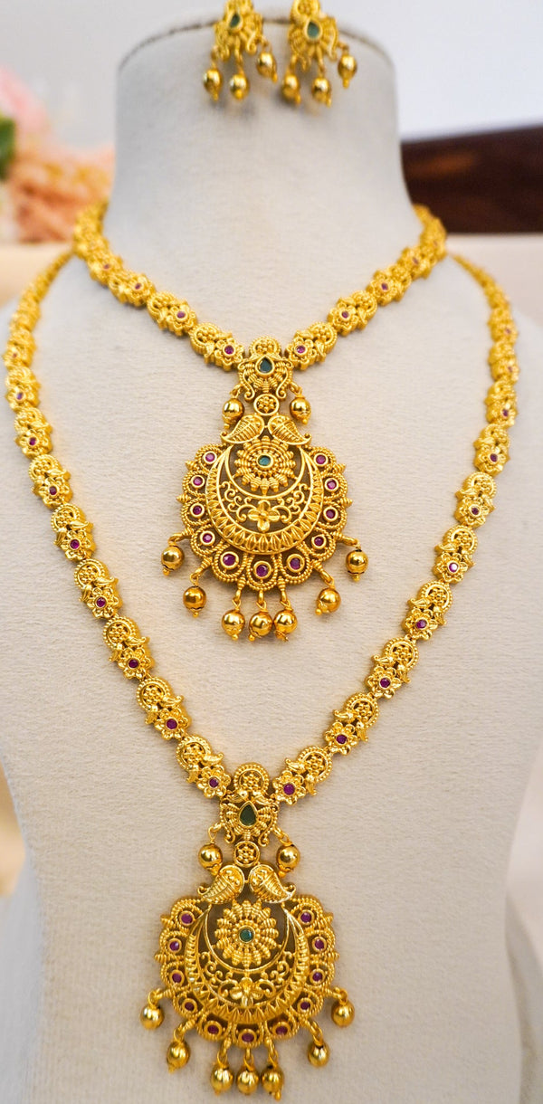 Classic Temple Design Dual Layer Necklace Set