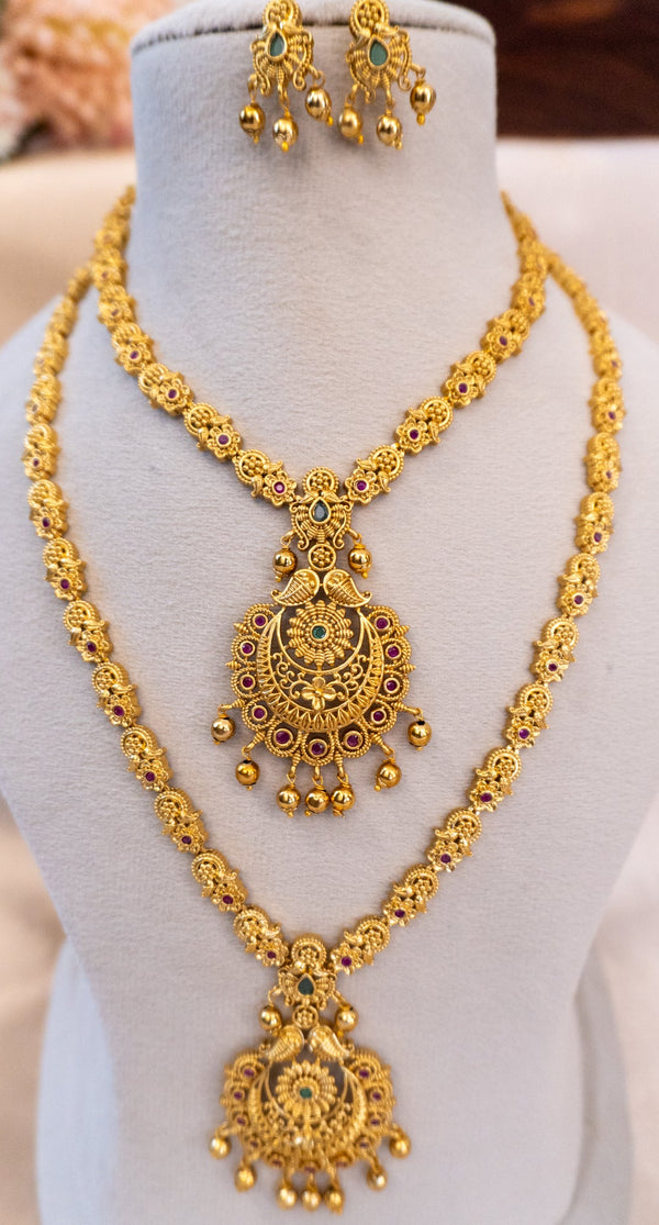 Classic Temple Design Dual Layer Necklace Set