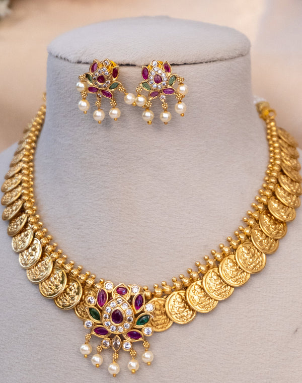 Royal Heritage Kasu Necklace Set with Floral Pendant - Out of stock