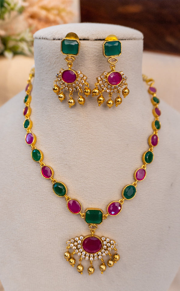 Grace Dual-Tone Stone Necklace Set with Pendant