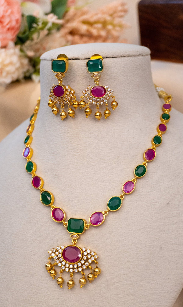 Grace Dual-Tone Stone Necklace Set with Pendant