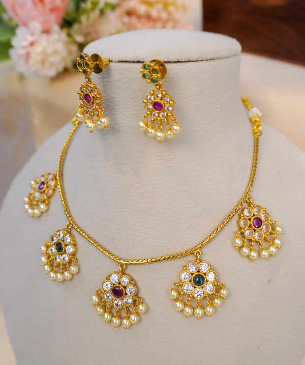 Elegant Floral Necklace Set with Ruby, Green Stones & Pearls