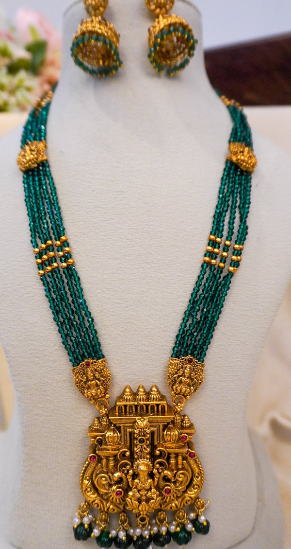 Antique Lakshmi Beaded Temple Haram (Green, Pearl & Ruby Variants)