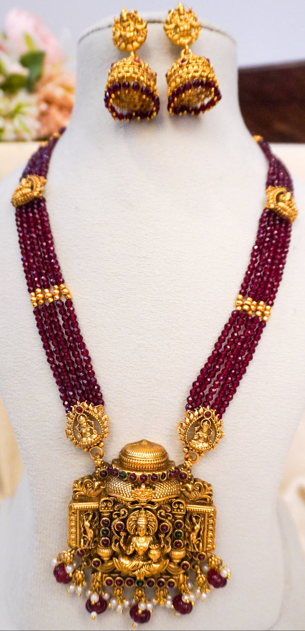 Antique Lakshmi Beaded Temple Haram (Green, Pearl & Ruby Variants)