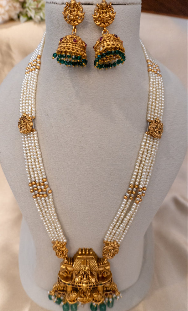 Antique Lakshmi Beaded Temple Haram (Green, Pearl & Ruby Variants)