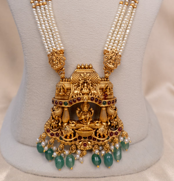 Antique Lakshmi Beaded Temple Haram (Green, Pearl & Ruby Variants)