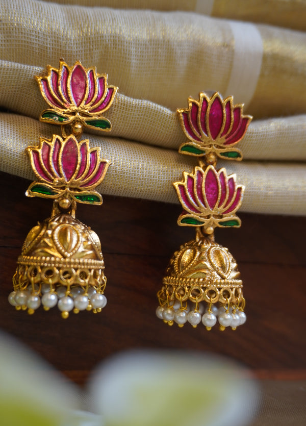 Hand Painted Lotus Pearl Jhumka Earrings