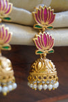 Hand Painted Lotus Pearl Jhumka Earrings