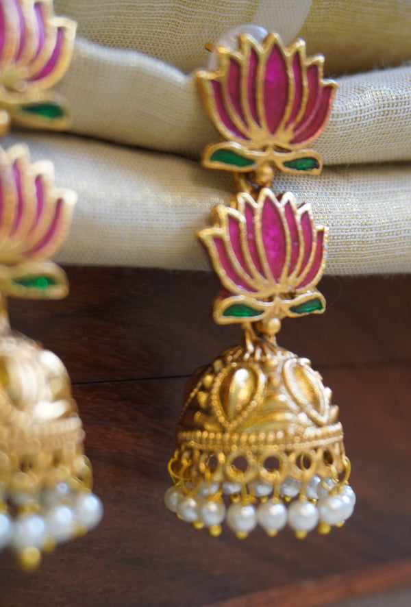 Hand Painted Lotus Pearl Jhumka Earrings