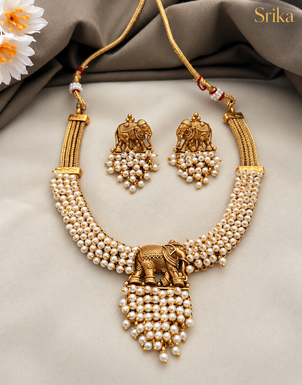 Royal Elephant Pearl Necklace Set